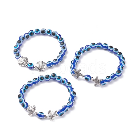 3Pcs 3 Style Evil Eye Resin Beaded Stretch Bracelets Set with Sea Turtle & Starfish & Shell for Women BJEW-JB07542-1