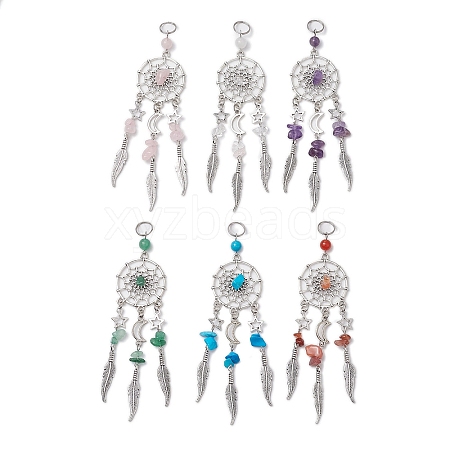 6Pcs 6 Styles Natural & Synthetic Mixed Gemstone & Alloy Woven Web/Net with Feather Big Pendants PALLOY-JF03443-1