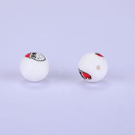 Printed Round with Snowman Pattern Silicone Focal Beads SI-JX0056A-145-1