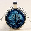 Flat Round with Tree at Midnight Glass Alloy Pendant Necklaces NJEW-N0051-047J-02-1