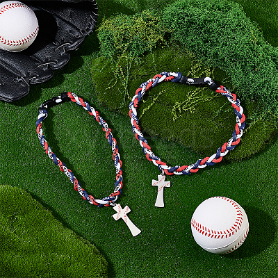 2Pcs Stainless Steel Baseball Cross Pendant Braided Nylon Cord Necklaces NJEW-UN0001-83-1