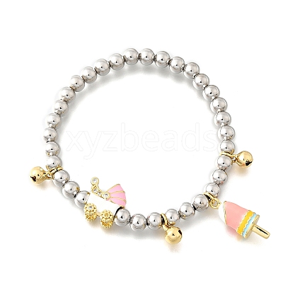 Brass Enamel Round Beads Charm Bracelets for Women BJEW-D317-11PG-1