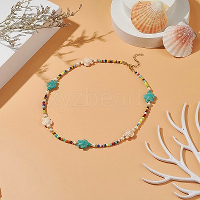 Tortoise Dyed Synthetic Turquoise & Shell Pearl & Glass Seed Beaded Necklace NJEW-TA00054-1