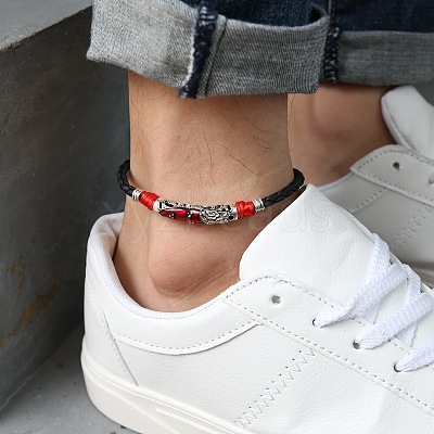 Alloy Red Enamel Tube Bead & Braided Imitation Leather Cord Adjustable Anklets for Men FS-WG1282E-03-1