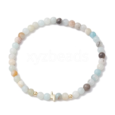 4mm Round Mixed Gemstone & Lightning Bolt Brass Beaded Stretch Bracelets BJEW-JB10856-1