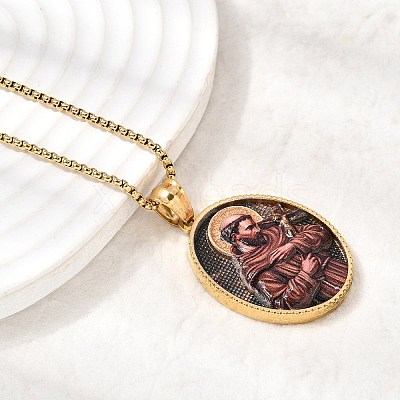 Unisex Religion 304 Stainless Steel Enamel Oval Pendant Box Chain Necklaces STAS-H258-02G-03-1