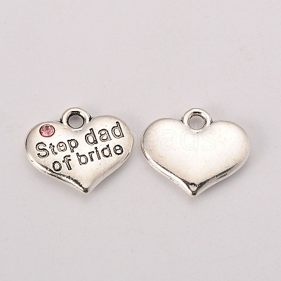 Wedding Theme Antique Silver Tone Tibetan Style Alloy Heart with Step Dad of Bride Rhinestone Charms TIBEP-N005-22A-1