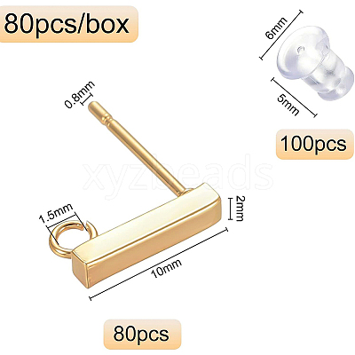80Pcs Rectangle Stainless Steel Stud Earring Findings STAS-BC0003-09-1