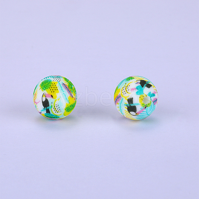 Printed Round with Bird Pattern Silicone Focal Beads SI-JX0056A-175-1