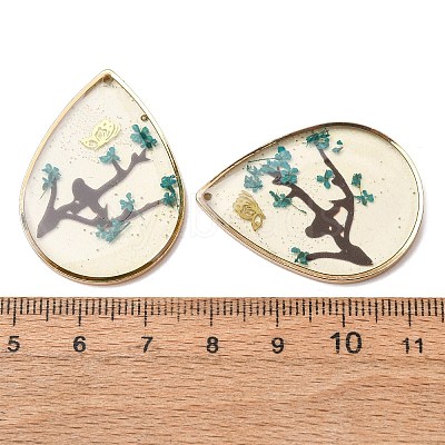Brass & Transparent Epoxy Resin & Dried Flower Pendants RESI-G133-03G-1