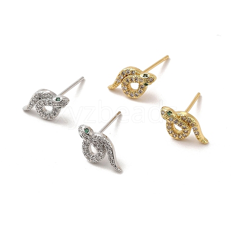 Rack Plating Brass Micro Pave Clear Cubic Zirconia Snake Stud Earrings EJEW-F301-19-1