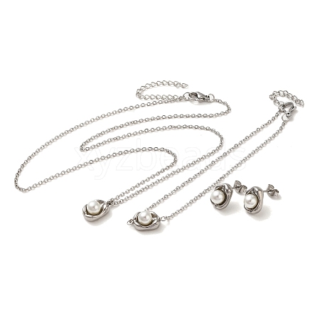Round Plastic Imitation Pearl Pendant Necklaces & Bracelets & Stud Earrings Sets SJEW-C004-03P-1