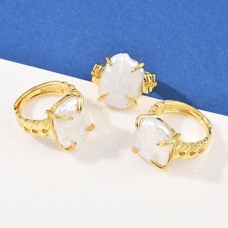 Square Natural Pearl Finger Rings RJEW-K286-09G-1