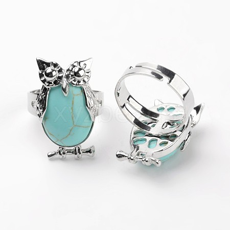 Owl Brass Synthetic Turquoise Finger Rings RJEW-L074-14-1