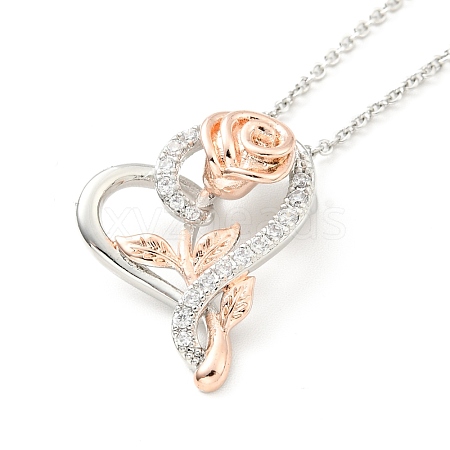 Clear Cubic Zirconia Heart with Rose Pendant Necklace NJEW-F293-01A-RG-1