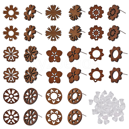 CHGCRAFT 32Pcs 8 Style Leaf & Flower & Donut Walnut Wood Stud Earring Findings MAK-CA0001-17-1