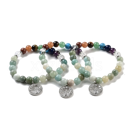 Natural Flower Amazonite Round Beaded Chakra Stretch Bracelets BJEW-K251-01A-1