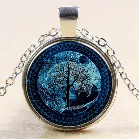 Flat Round with Tree at Midnight Glass Alloy Pendant Necklaces NJEW-N0051-047J-02-1