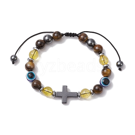 Natural Toger Eye Braided Bead Bracelets for Women Men BJEW-JB11138-02-1