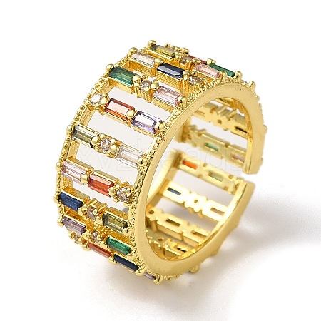 Rack Plating Brass Micro Pave Colorful Cubic Zirconia Rectangle Open Cuff Ring RJEW-M162-37G-1