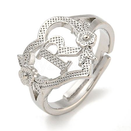 Heart with Letter & Flower Rack Plating Brass Adjustable Rings for Women RJEW-I105-05P-R-1