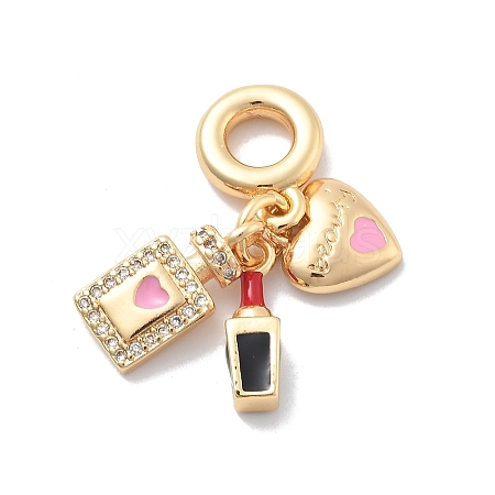 Brass Pink Enamel & Clear Cubic Zirconia Dangle Charms KK-M305-15G-01-1