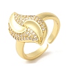 Leaf Brass Micro Pave Clear Cubic Zirconia Open Cuff Rings RJEW-U008-36G-1