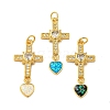 Cross with Heart Brass Pendants Micro Pave Cubic Zirconia with Synthetic Opal KK-K356-05G-1