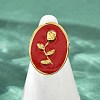 Oval with Rose Pattern 304 Stainless Steel Enamel Finger Rings for Women RJEW-G355-10G-02-3