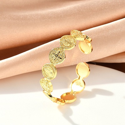 Flat Round With Cross Jesus Cuff Bangle BJEW-I298-03G-1