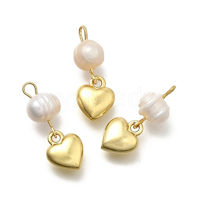 Brass & Natural Pearl Heart Pendants KK-Z093-32G-1