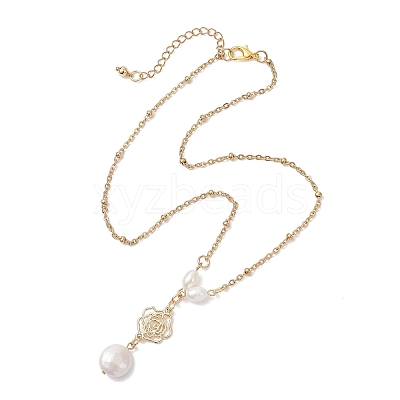 Natural Keshi Pearl Flat Round and Alloy Flower Pendant 304 Stainless Steel Satellite Chain Necklaces for Women NJEW-JN05619-1