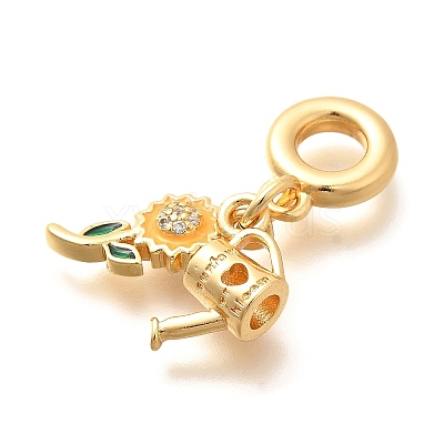 Brass Clear Cubic Zirconia Sunflower & Watering Can European Dangle Charms KK-U048-25G-1