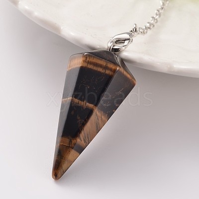 Platinum Tone Brass Tiger Eye Cone Hexagonal Pointed Dowsing Pendulums MAK-M015-01D-1