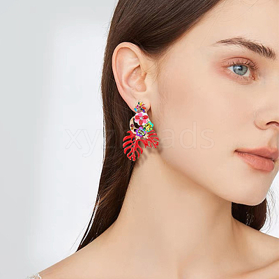 3 Pairs 3 Colors Flower & Leaf Rhinestone Dangle Stud Earrings EJEW-FI0003-21-1