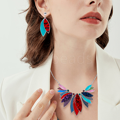 Leaf Alloy with Imitation Leather Pendant Necklace & Stud Dangle Earring SJEW-CL0001-02-1