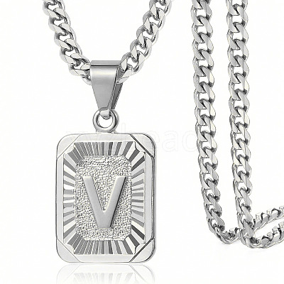 Rectangle with Letter Pattern 304 Stainless Steel Pendant Necklaces FS-WGFC766-43-1