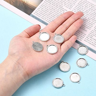 Tibetan Style Antique Silver Alloy Flat Round Pendant Cabochon Settings TIBEP-M022-29AS-1