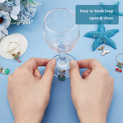 BENECREAT 24Pcs 24 Style Summer Theme Alloy Enamel Wine Glass Charms,  Goblet Marker, with Brass Wine Glass Charm Rings, Fruit & Drink & Tree,  Golden, 42~65mm, 1pc/style