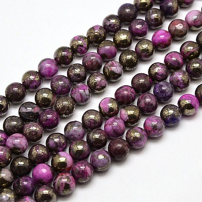 Electroplate Gemstone Natural Pyrite Round Beads Strands G-L129-8mm-02-1