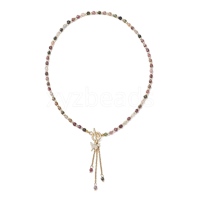 Natural Multicolor Tourmaline Faceted Cube Beaded Brass Micro Pave Clear Cubic Zirconia Butterfly Pendant OT Lariat Necklaces for Women NJEW-JN05807-1