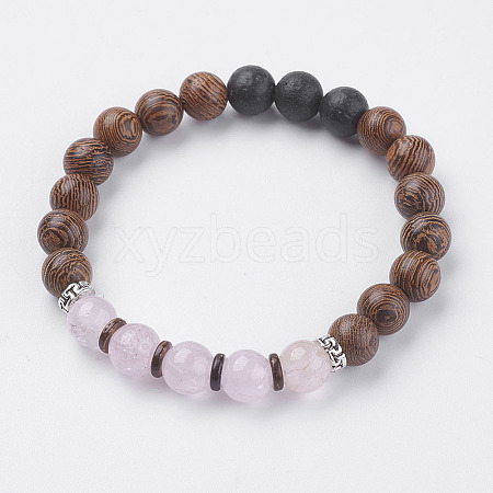 Natural Lava Rock & Wenge Wood Beads & Coconut Stretch Bracelets BJEW-I241-03P-1