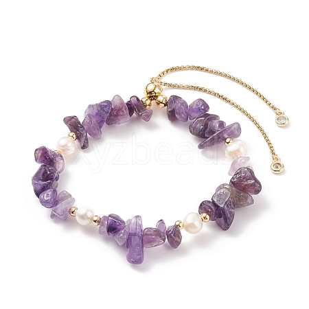 Natural Amethyst Chips & Pearl Beaded Slider Bracelet BJEW-JB08334-04-1