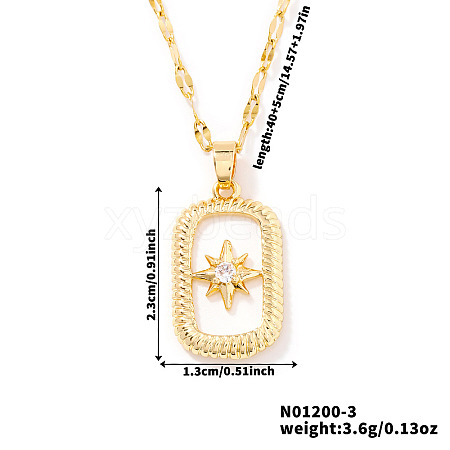 Shiny Brass Clear Cubic Zirconia Star Rectangle Pendant Dapped Chain Necklaces for Fashionable and Elegant Look TV6156-1-1