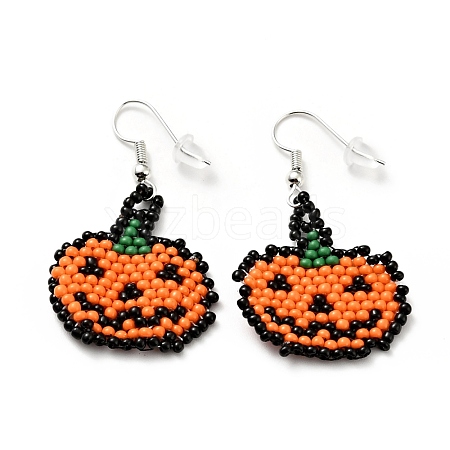 Glass Seed Braided Jack-O-Lantern Dangle Earrings EJEW-B012-08-1