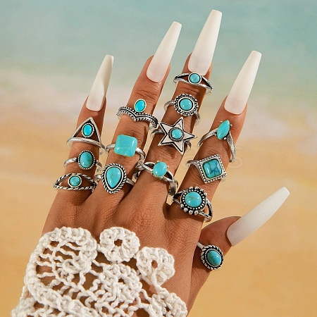 14Pcs 14 Styles Synthetic Turquoise Finger Rings PW-WG86BD8-01-1