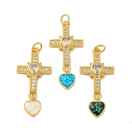 Cross with Heart Brass Pendants Micro Pave Cubic Zirconia with Synthetic Opal KK-K356-05G-1