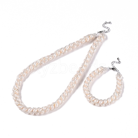 Natural Cultured Freshwater Pearl Beads Necklaces & Bracelets Jewelry Sets SJEW-N039-01-1