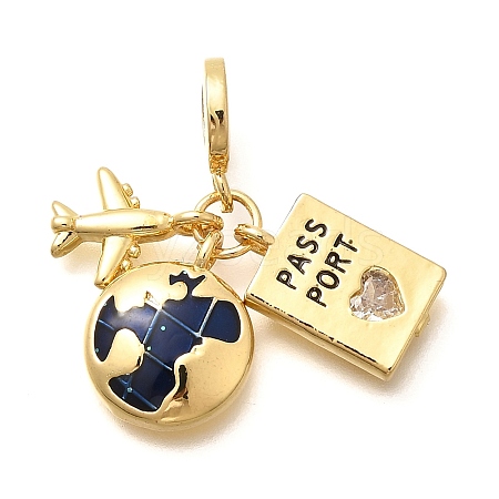 Brass Enamel Airplane & Earth & Passport European Dangle Charms KK-M309-18G-02-1