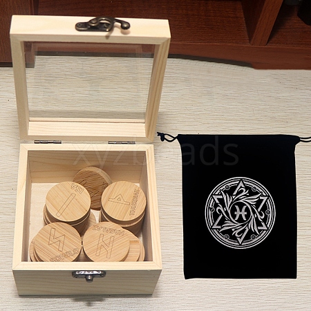 Wood Round Elder Futhark Alphabet Engraved Symbol Rune Stones Sets PW-WG106ED-04-1